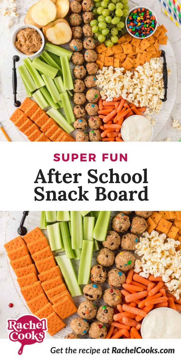 Colorful snacks, text overlay reads "super fun snack board."