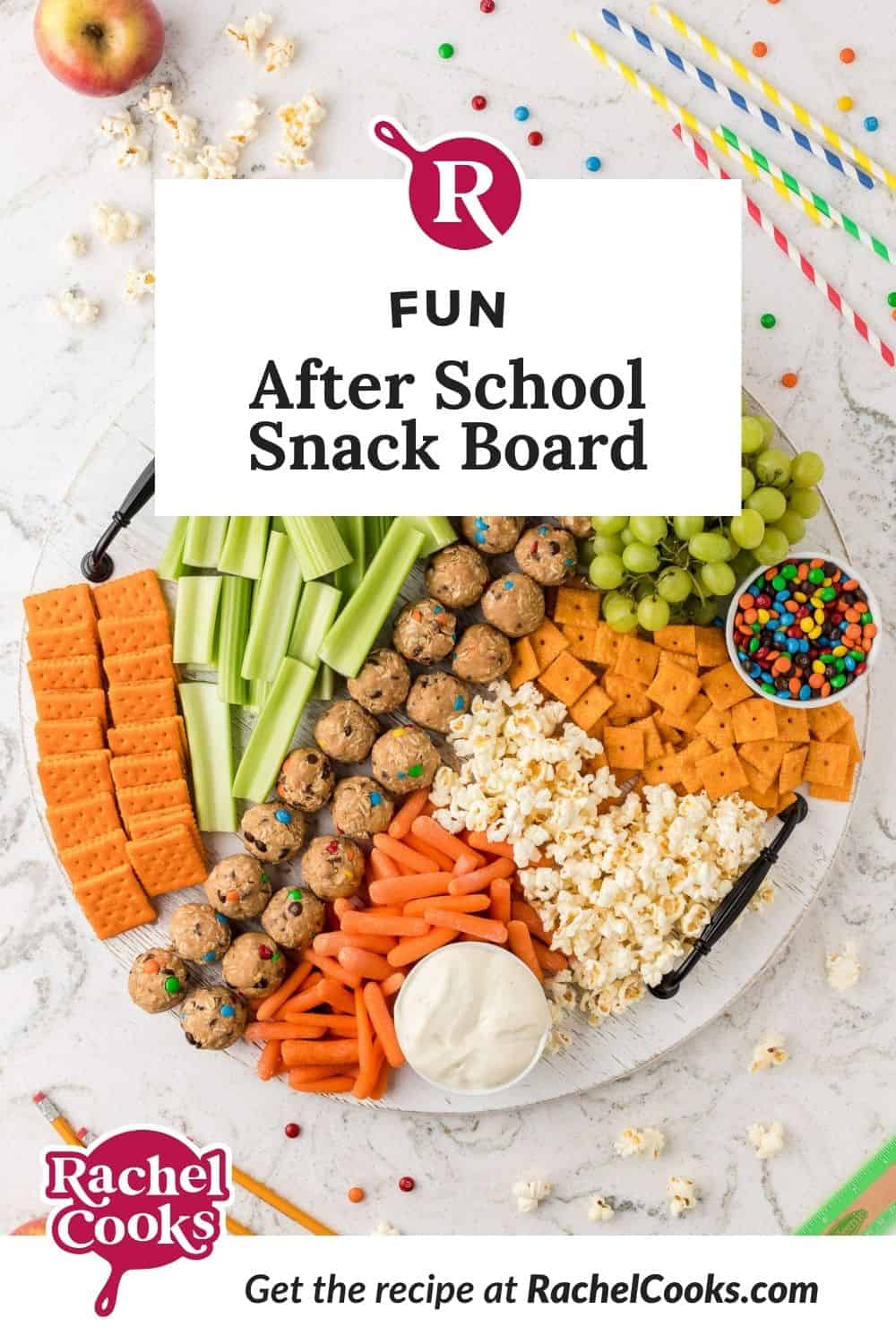 Colorful snacks, text overlay reads "fun snack board."