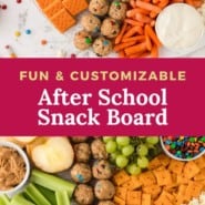 Colorful snacks, text overlay reads "fun and customizable snack board."