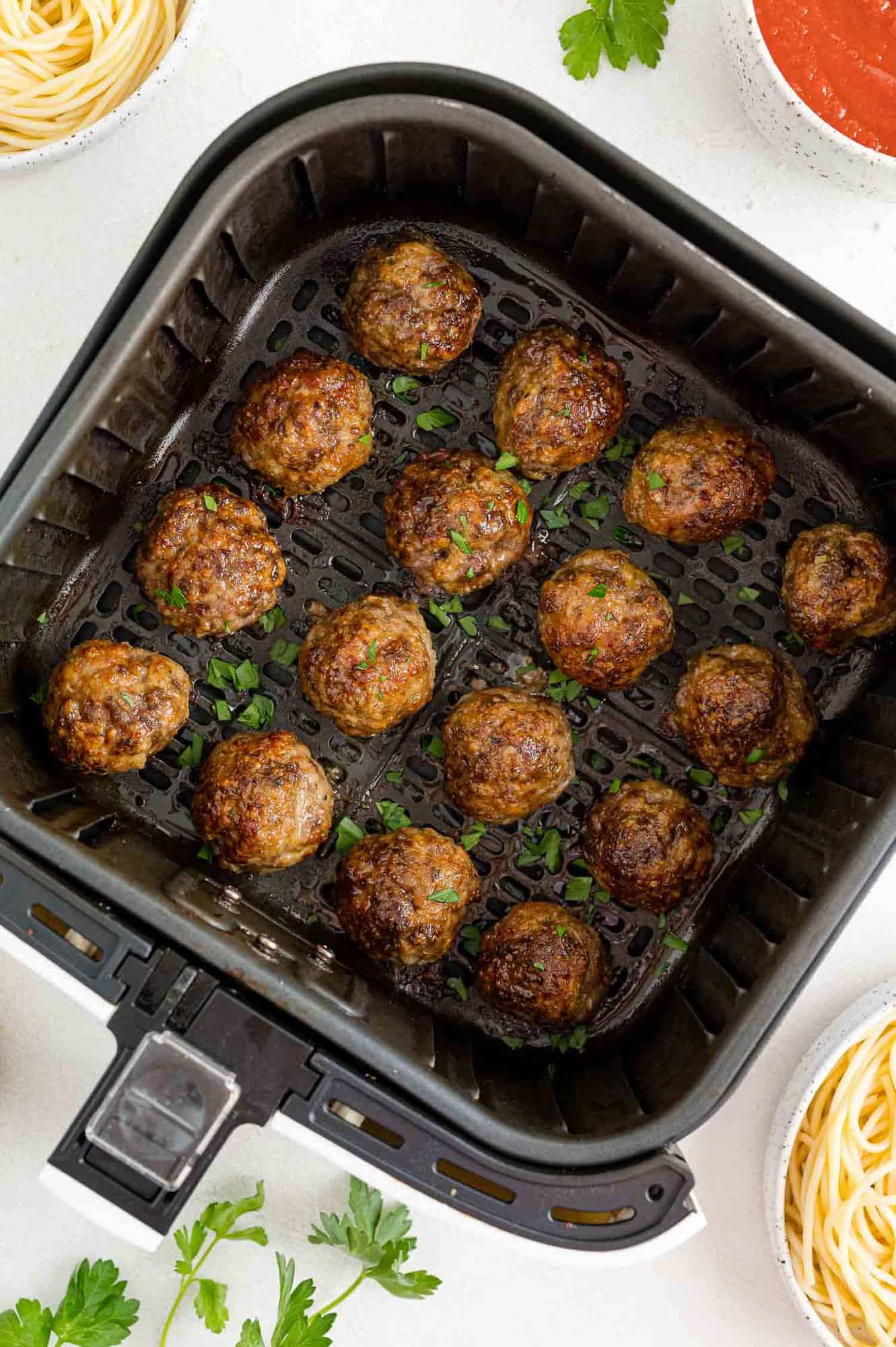 Cooked meatballs in the air fryer.