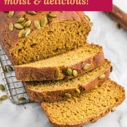 Bread, text overlay reads "healthy pumpkin bread - moist and delicious!"