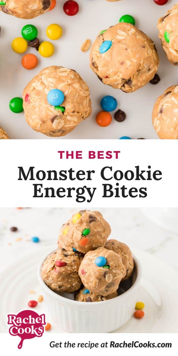 Energy bites, text overlay reads "the best monster cookie energy bites."