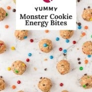 Energy bites, text overlay reads "yummy monster cookie energy bites."