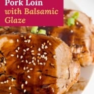 Pork, text overlay reads "slow cooker pork loin with balsamic glaze."
