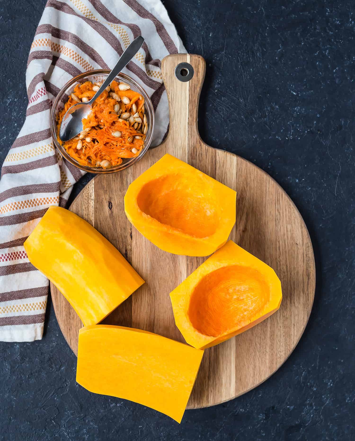 Peeled butternut squash with the seeds removed.