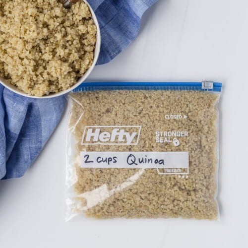 Quinoa in a zip-top bag and in a bowl.