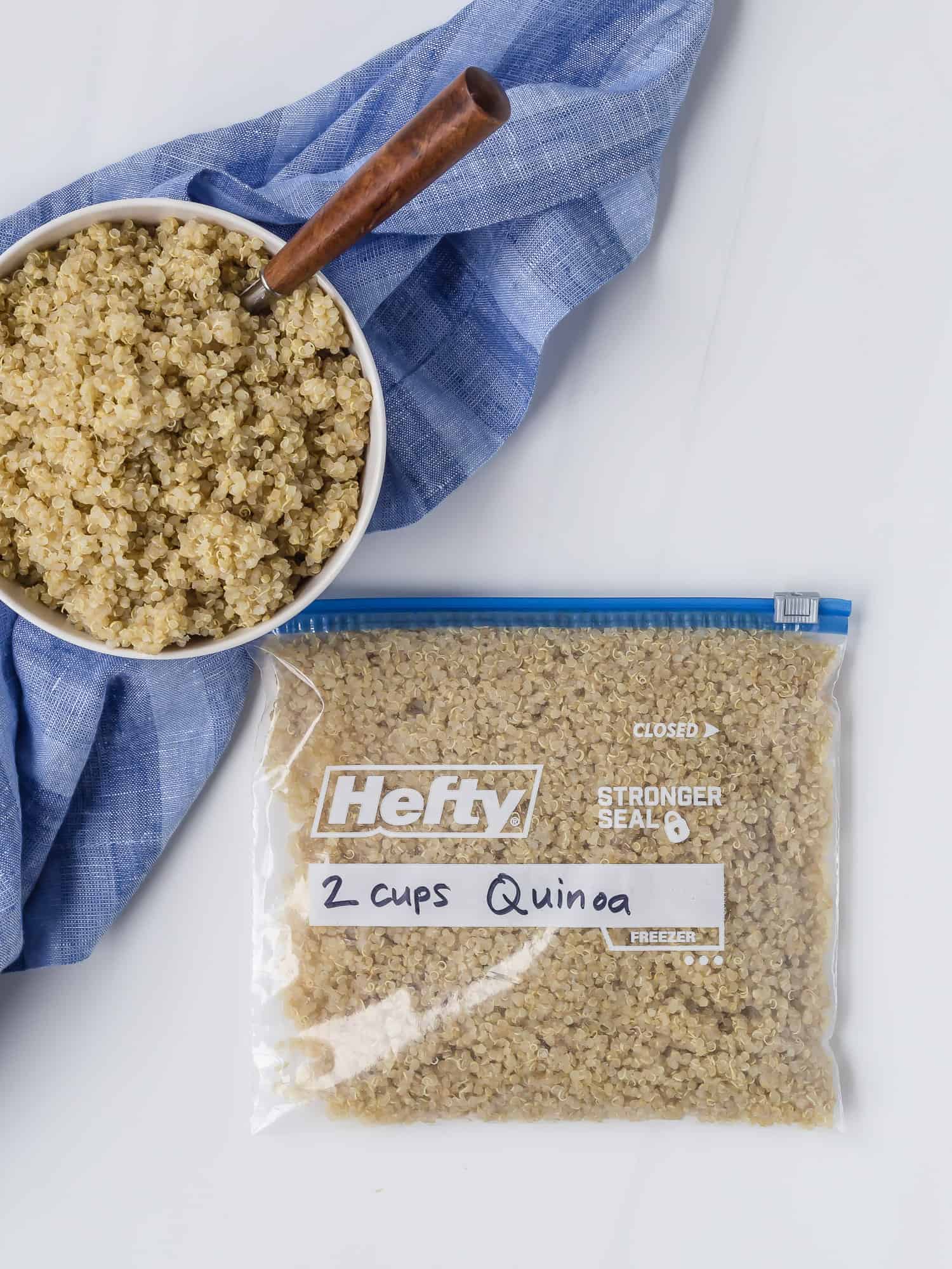 Quinoa in a zip-top bag and in a bowl.
