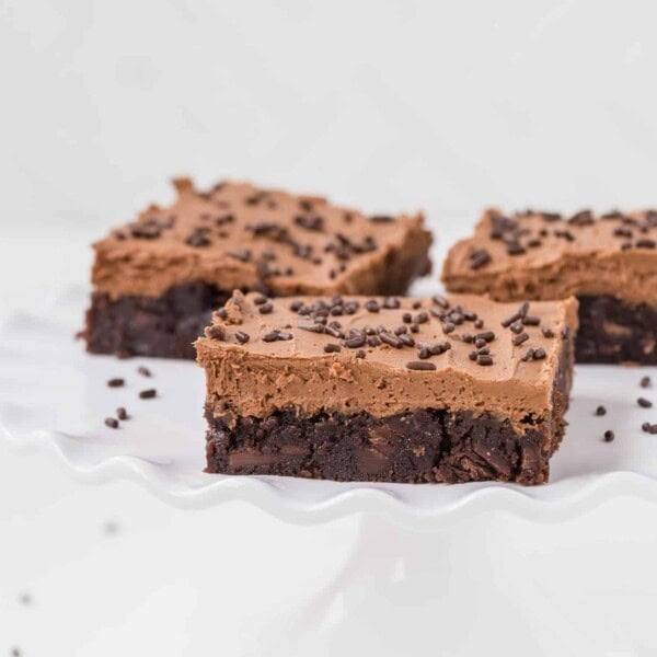 Mocha brownies with frosting and sprinkles.
