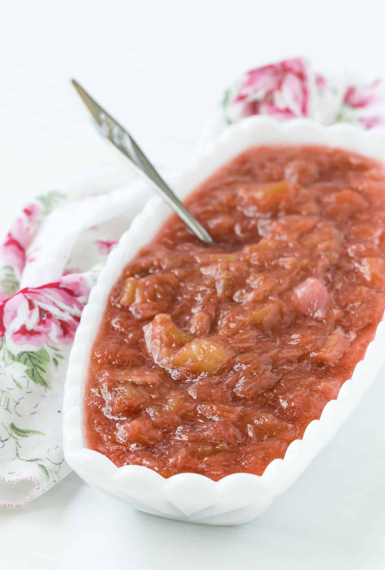 Rhubarb sauce in a white dish.