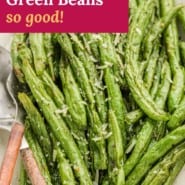 Beans, text overlay reads "air fryer green beans - so good."