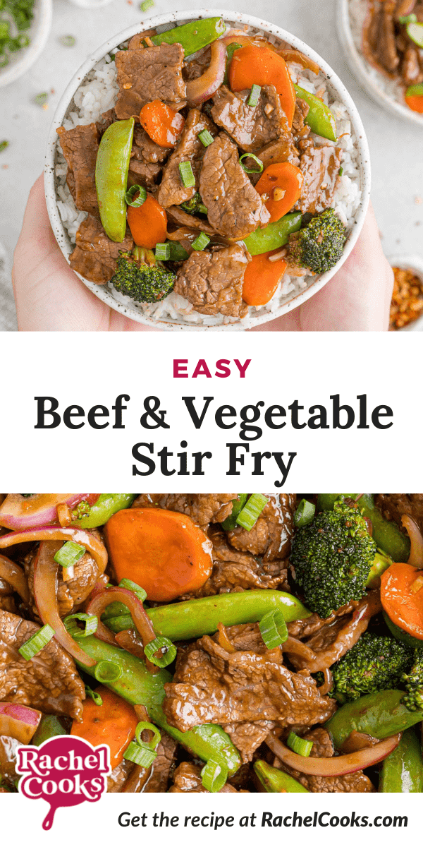 Beef dish, text overlay reads "easy beef and vegetable stir fry."