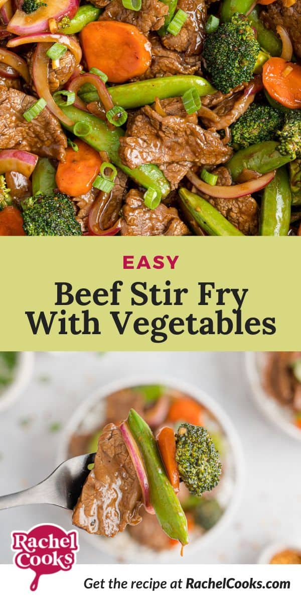 Beef dish, text overlay reads "easy beef stir fry with vegetables."