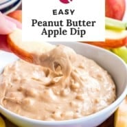 Light brown dip, text overlay reads "easy peanut butter apple dip."