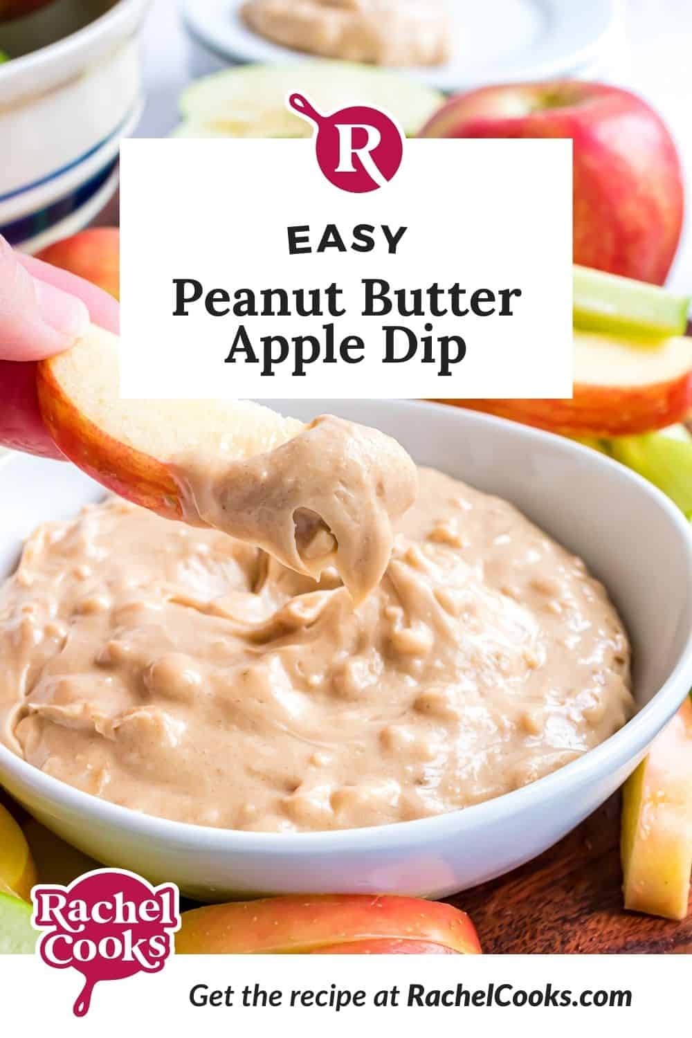 Light brown dip, text overlay reads "easy peanut butter apple dip."