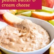 Light brown dip, text overlay reads "easy apple dip peanut butter and cream cheese."