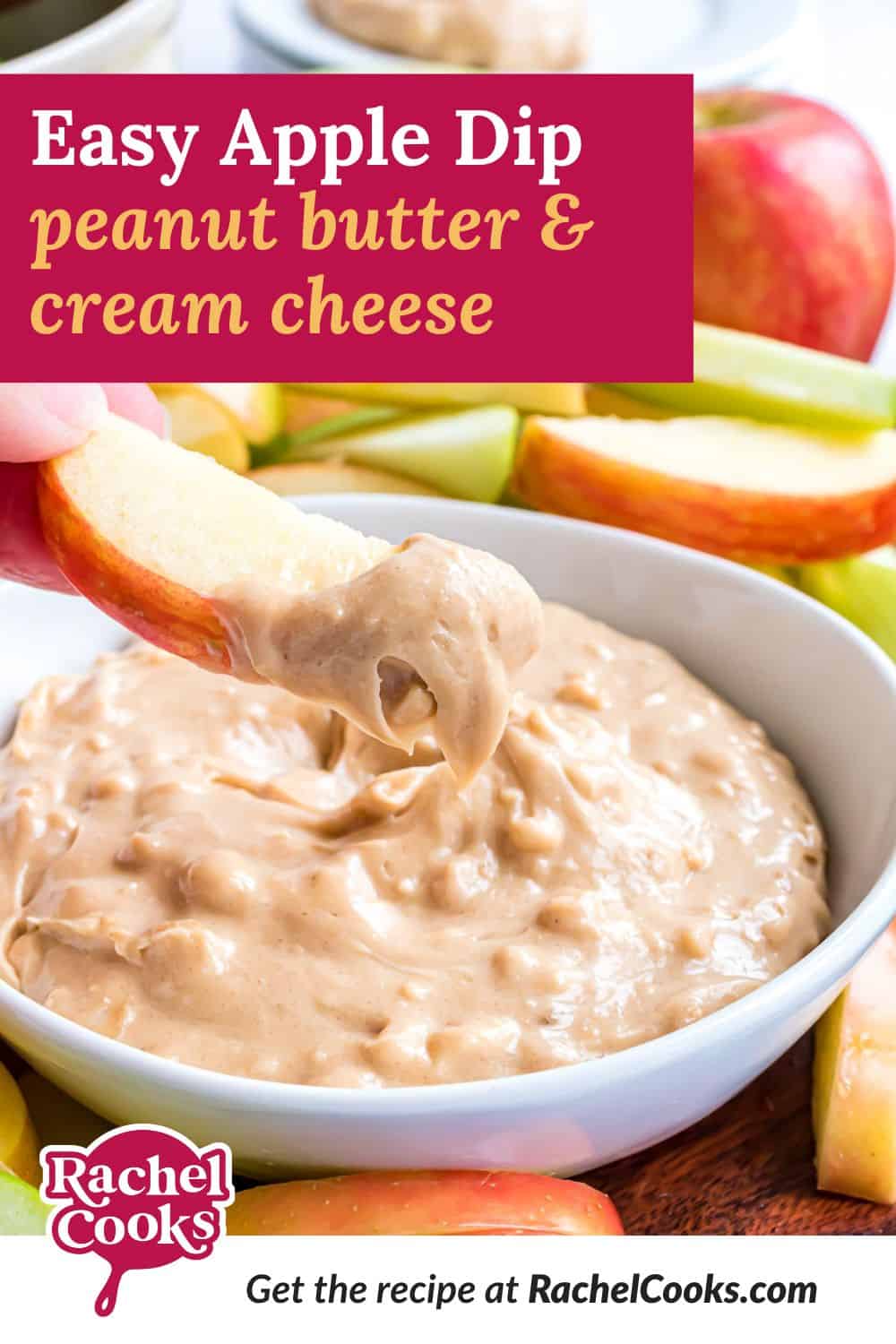 Light brown dip, text overlay reads "easy apple dip peanut butter and cream cheese."