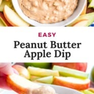 Light brown dip, text overlay reads "easy peanut butter apple dip."