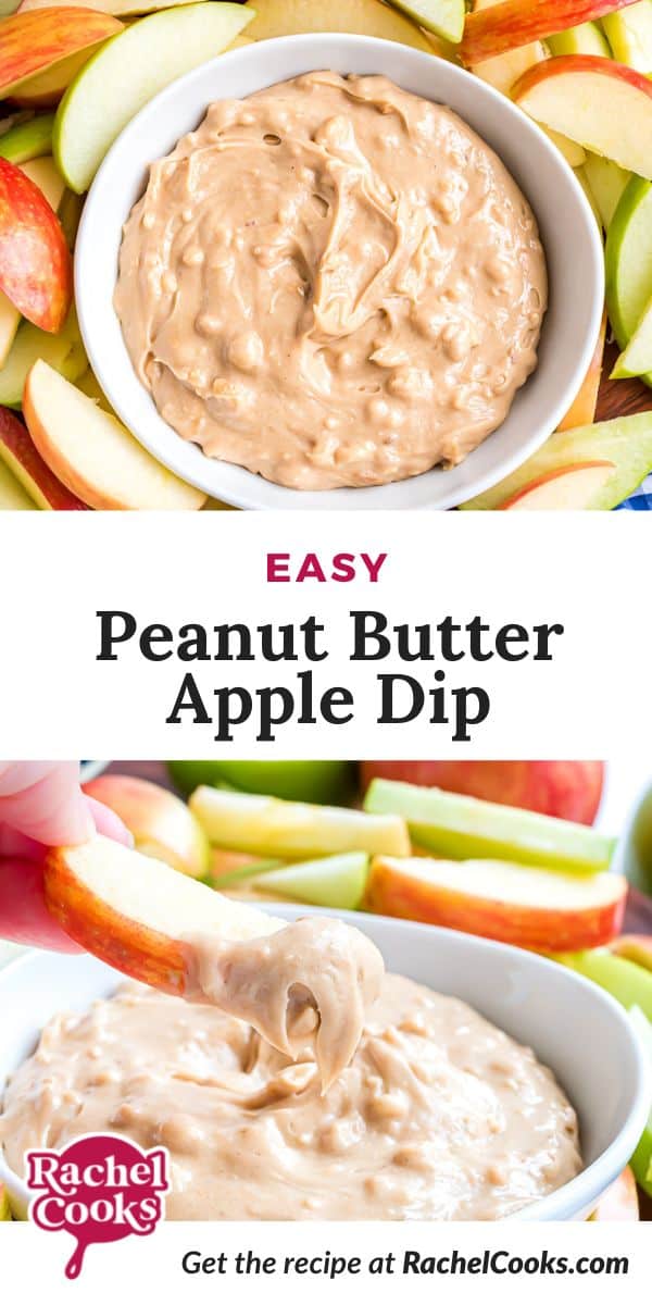 Light brown dip, text overlay reads "easy peanut butter apple dip."