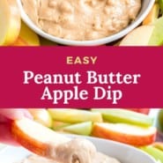 Light brown dip, text overlay reads "easy peanut butter dip."