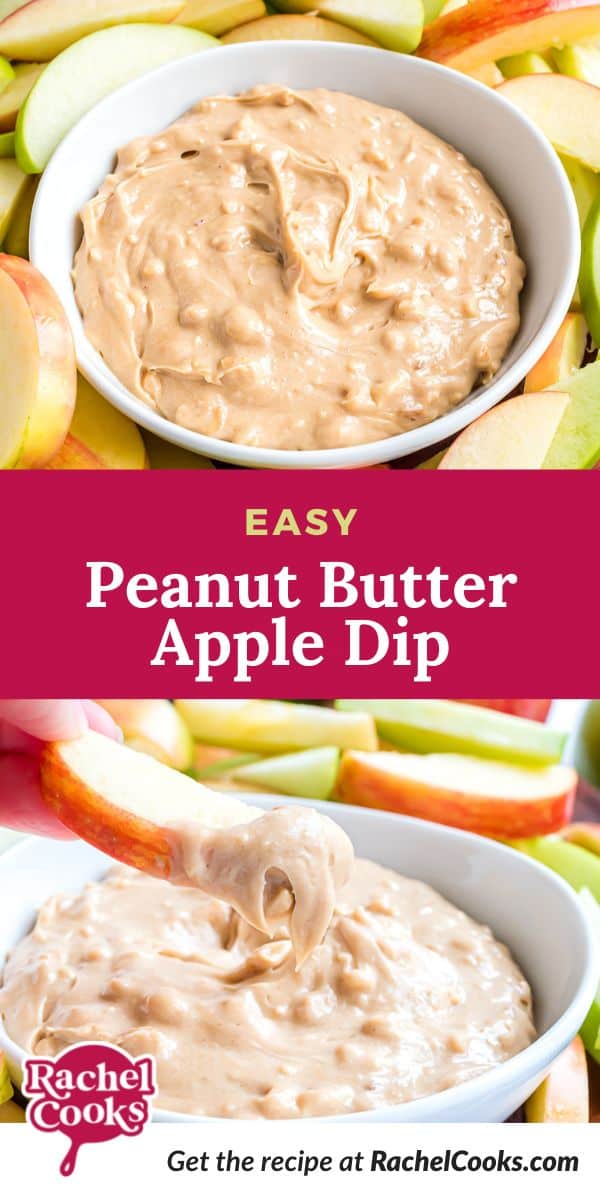Light brown dip, text overlay reads "easy peanut butter dip."