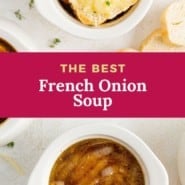 Onion soup, text overlay reads "the best french onion soup."