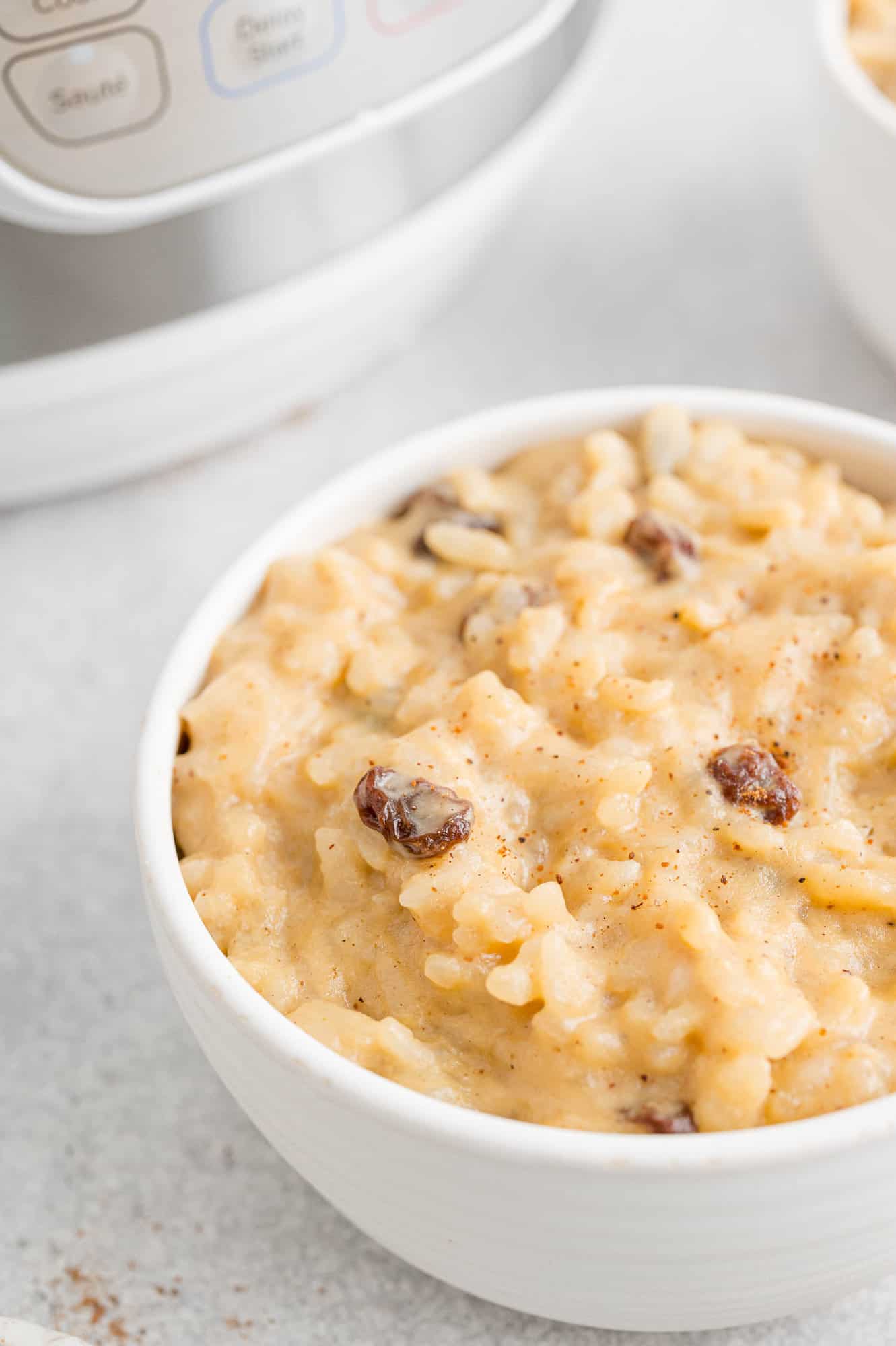 Rice pudding in a bowl with raisins.