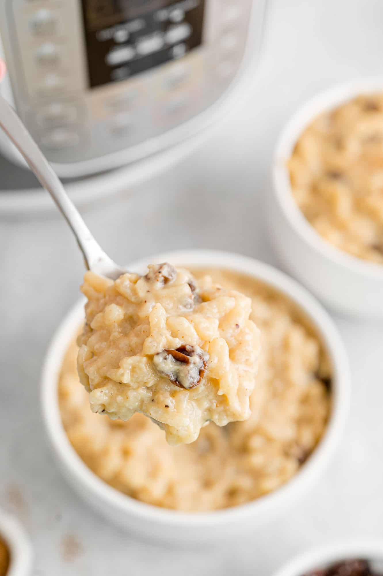 Rice pudding on a spoon and in a bowl.