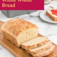 Bread, text overlay reads "no knead whole wheat bread."