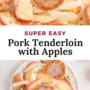 Pork, text overlay reads "super easy pork tenderloin with apples."