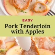 Pork, text overlay reads "easy pork tenderloin with apples."