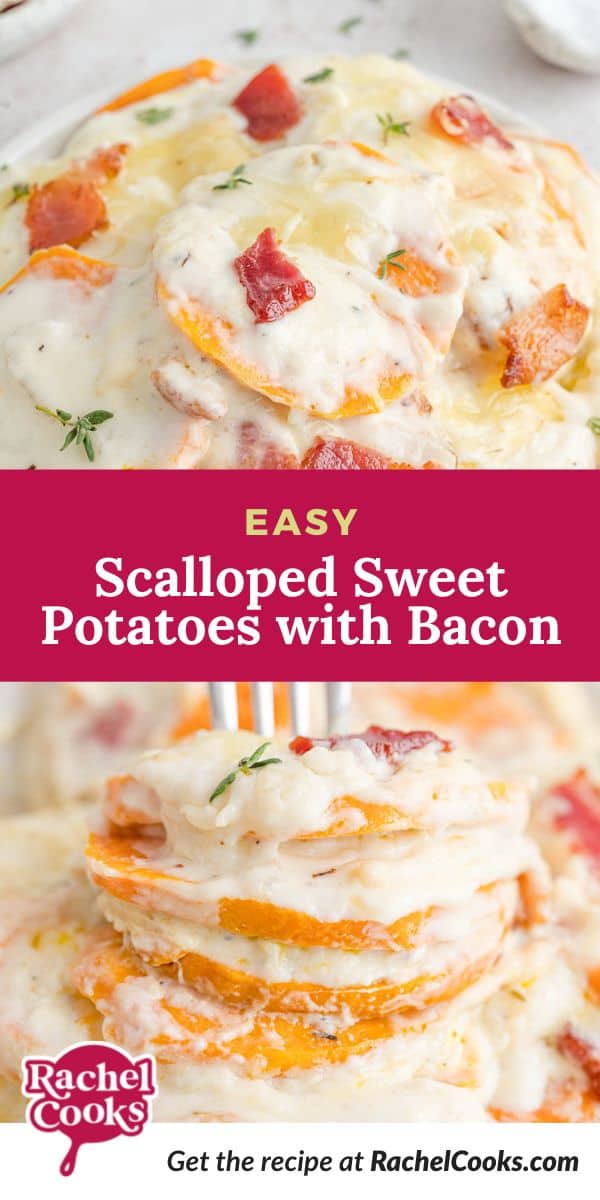 Sweet potatoes, text overlay reads "easy Scalloped Sweet Potatoes with Bacon and Gruyere"