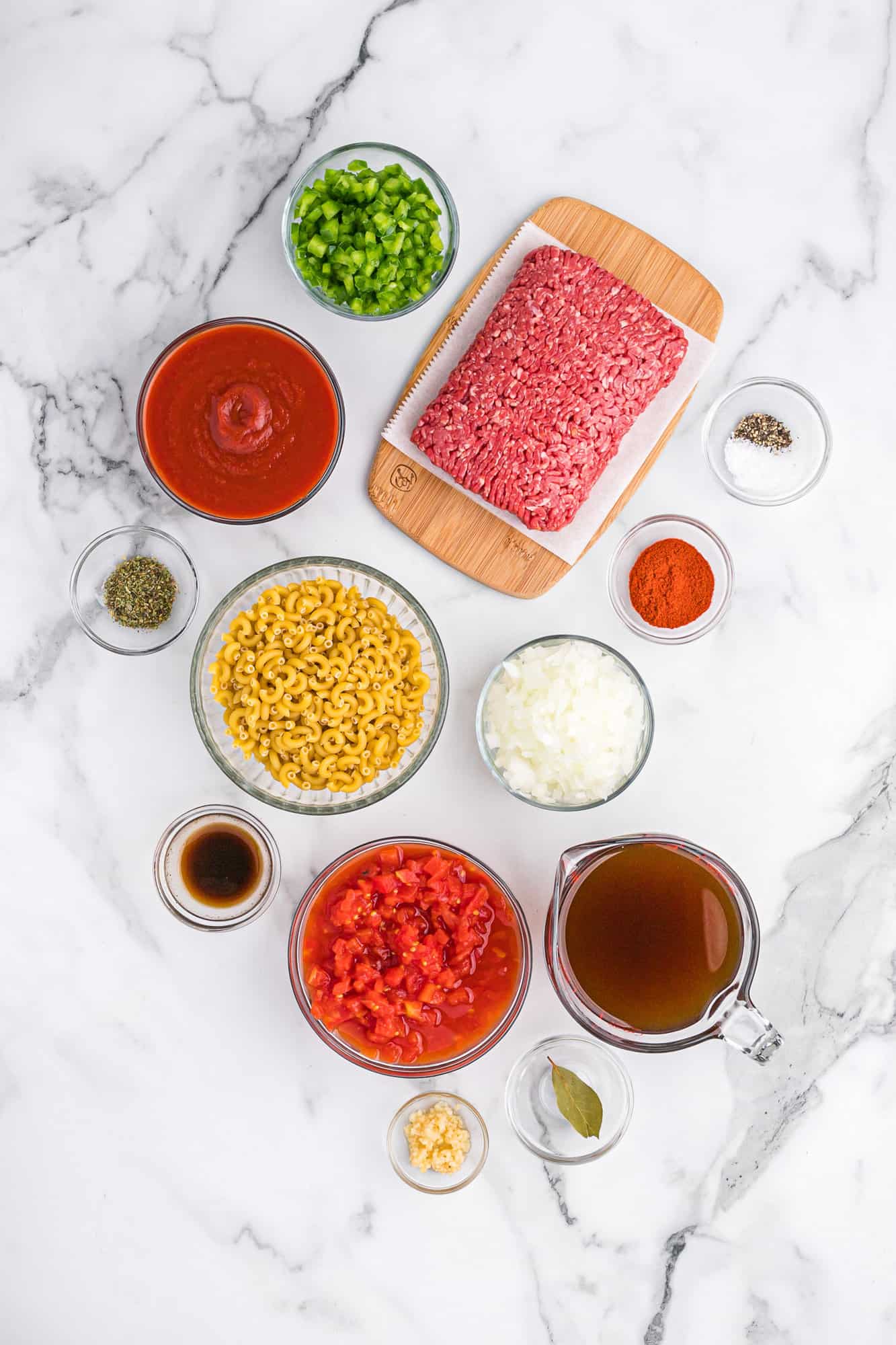 Ingredients needed for recipe, including ground beef.