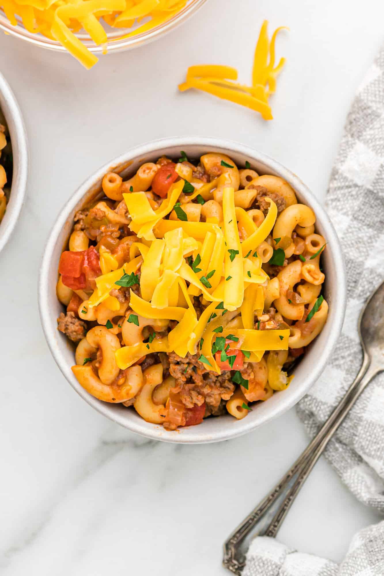 American goulash topped with cheese.