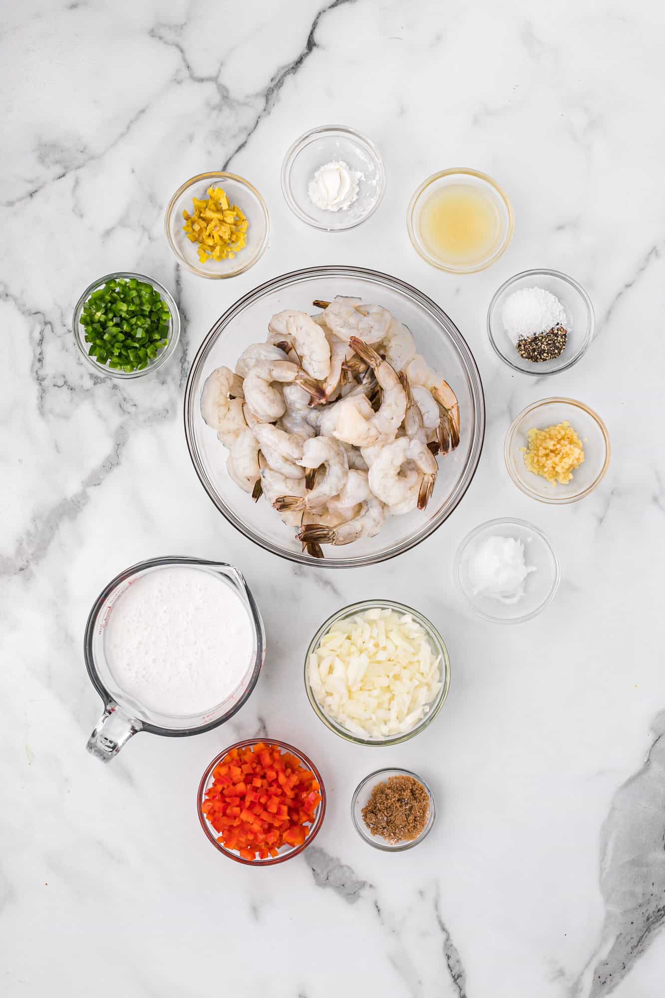 Ingredients needed for recipe, including shrimp.