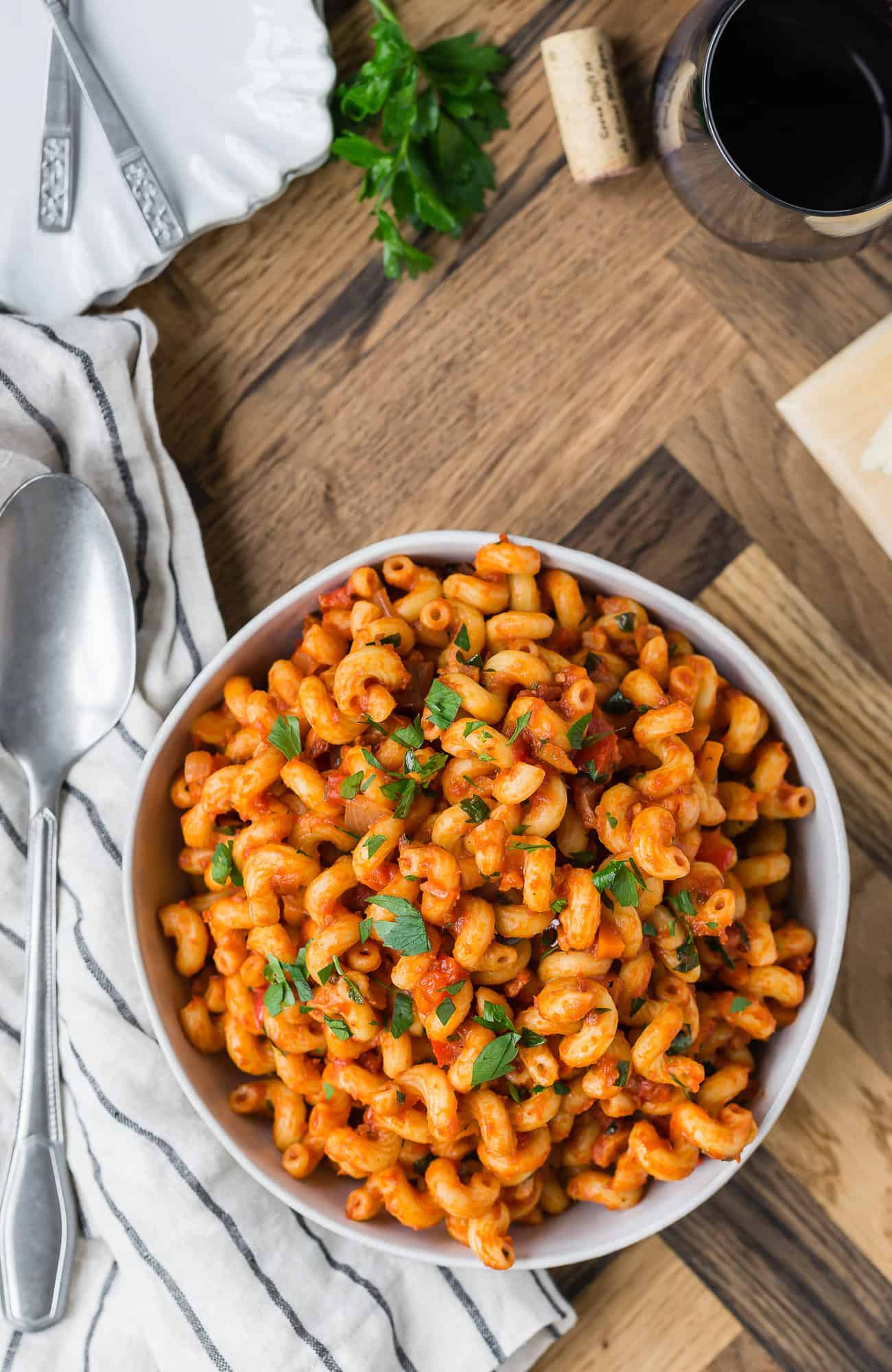 Overhead view of pasta in serving bowl.