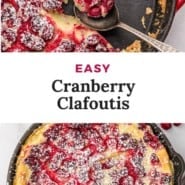 Fruit dessert, text overlay reads "easy cranberry clafoutis."