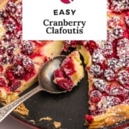 Fruit dessert, text overlay reads "easy cranberry clafoutis."