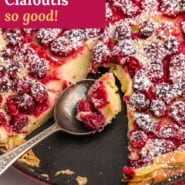 Fruit dessert, text overlay reads "cranberry clafoutis, so good!"