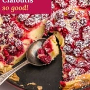 Fruit dessert, text overlay reads "cranberry clafoutis, so good!"