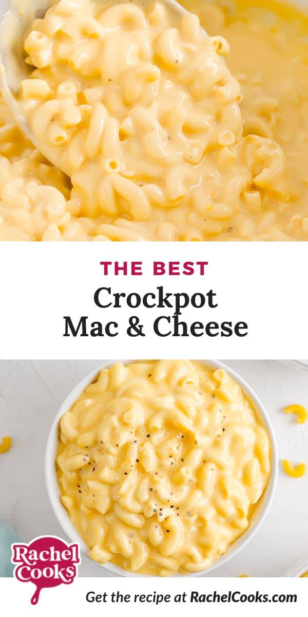 Mac and cheese, text overlay reads "the best crockpot mac & cheese."