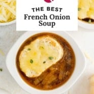 Onion soup, text overlay reads "the best french onion soup."