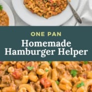 Hamburger pasta, text overlay reads "one pan homemade hamburger helper."