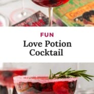 Red cocktail, text overlay reads "fun love potion cocktail!"
