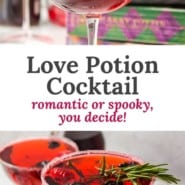 Red cocktail, text overlay reads "love potion cocktail - romantic or spooky, you decide!"
