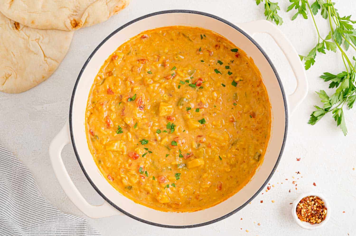 Soup in a large pot.