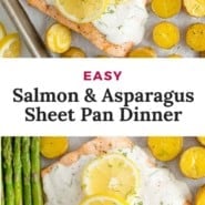 Salmon, text overlay reads "easy salmon & asparagus sheet pan dinner."