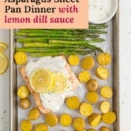 Salmon, text overlay reads "salmon & asparagus sheet pan dinner with lemon dill sauce."