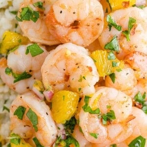 Shrimp mixed with herbs and oranges.