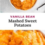 Potatoes, text overlay reads "vanilla bean mashed sweet potatoes."