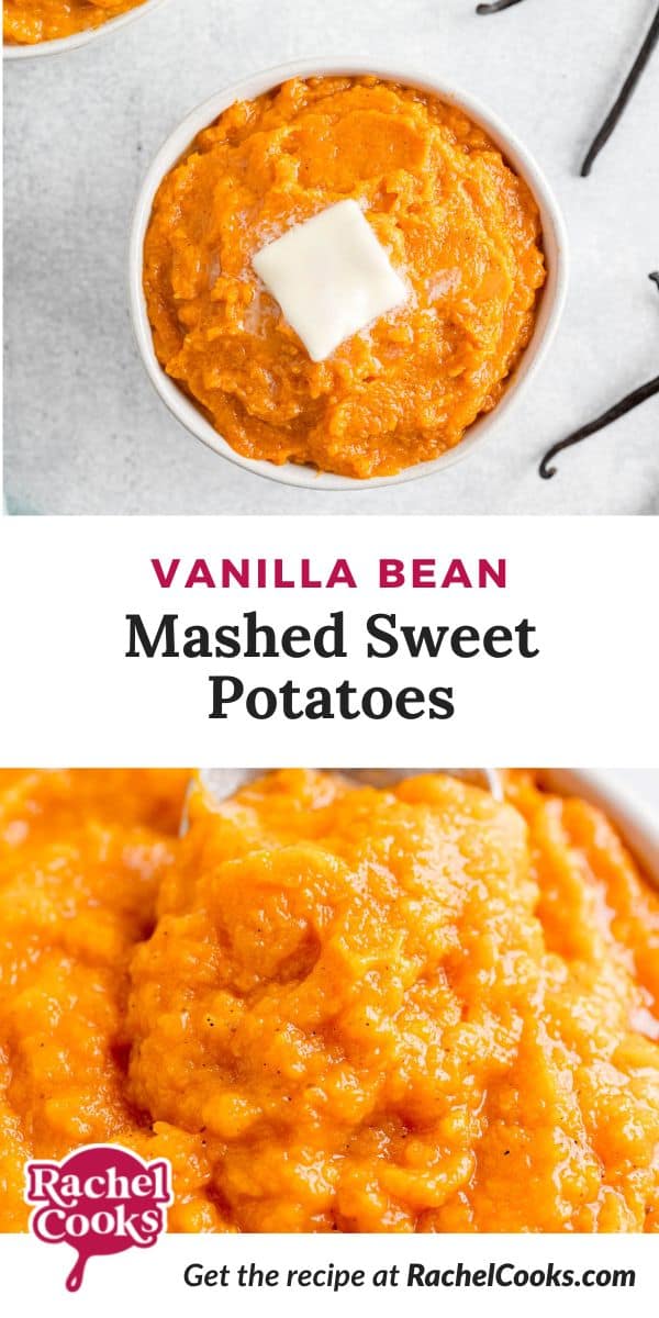 Potatoes, text overlay reads "vanilla bean mashed sweet potatoes."